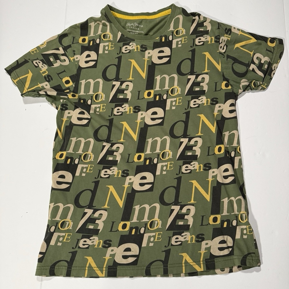 Pepe Jeans London Graphic Logo All Over Print T-Shirt Green Slim‎ Fit XL